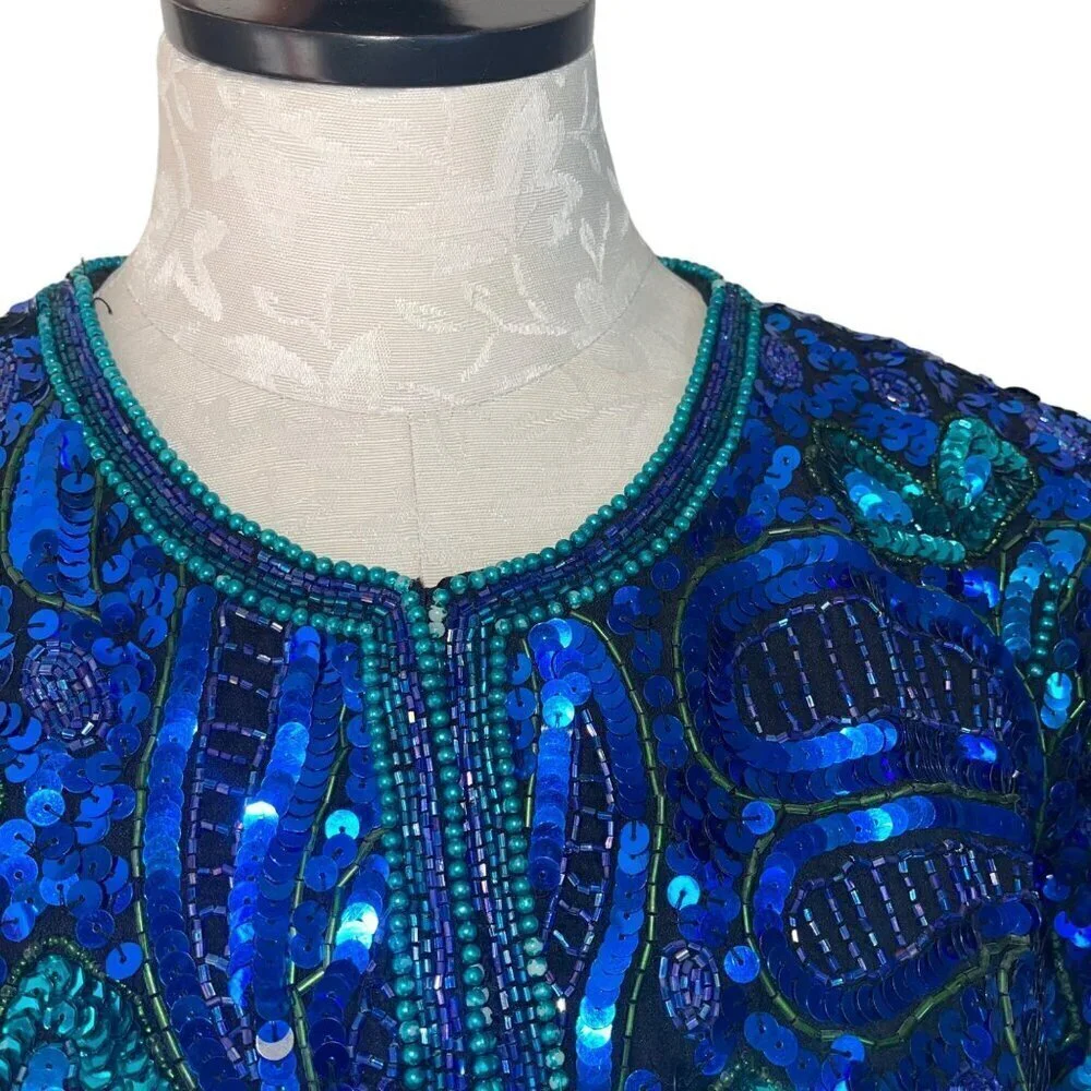 Laurence Kazar Vintage Womens Jacket Size Large Blue Sequin Long Sleeve - Picture 4 of 10